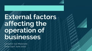 External factors
affecting the
operation of
businesses
Lecturer: Sal Maiorano
Date: 23rd June 2020
 