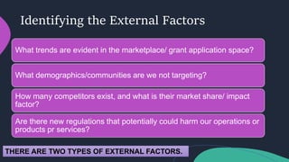 Identifying the External Factors
What trends are evident in the marketplace/ grant application space?
What demographics/communities are we not targeting?
How many competitors exist, and what is their market share/ impact
factor?
Are there new regulations that potentially could harm our operations or
products pr services?
OPPORTUNITY THREAT
THREAT
OPPORTUNITY
THERE ARE TWO TYPES OF EXTERNAL FACTORS.
 