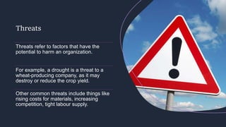 Threats
Threats refer to factors that have the
potential to harm an organization.
For example, a drought is a threat to a
wheat-producing company, as it may
destroy or reduce the crop yield.
Other common threats include things like
rising costs for materials, increasing
competition, tight labour supply.
 