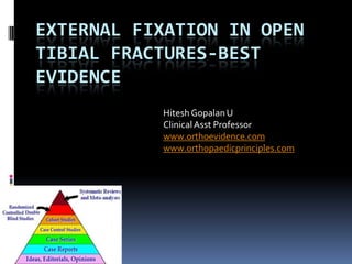EXTERNAL FIXATION IN OPEN
TIBIAL FRACTURES-BEST
EVIDENCE
Hitesh Gopalan U
Clinical Asst Professor
www.orthoevidence.com
www.orthopaedicprinciples.com

 