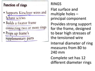 RINGS
Flat surface and
multiple holes –
principal component
Provides strong support
for the frame, designed
to bear high stresses of
the tensioned wire
Internal diameter of ring
measures from 80 to
240 mm
Complete set has 12
different diameter rings
 