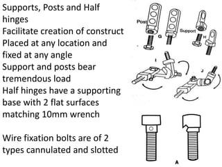 Supports, Posts and Half
hinges
Facilitate creation of construct
Placed at any location and
fixed at any angle
Support and posts bear
tremendous load
Half hinges have a supporting
base with 2 flat surfaces
matching 10mm wrench
Wire fixation bolts are of 2
types cannulated and slotted
 