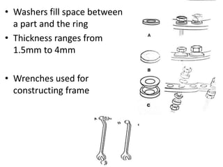 • Washers fill space between
a part and the ring
• Thickness ranges from
1.5mm to 4mm
• Wrenches used for
constructing frame
 
