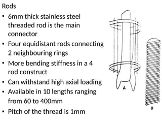 Rods
• 6mm thick stainless steel
threaded rod is the main
connector
Four equidistant rods connecting
2 neighbouring rings
More bending stiffness in a 4
rod construct
Can withstand high axial loading
Available in 10 lengths ranging
from 60 to 400mm
Pitch of the thread is 1mm
•
•
•
•
•
 