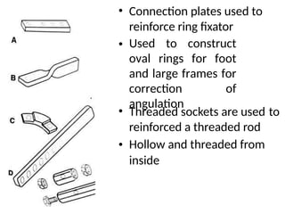• Connection plates used to
reinforce ring fixator
Used to construct
oval rings for foot
and large frames for
correction of
angulation
•
• Threaded sockets are used
reinforced a threaded rod
Hollow and threaded from
inside
to
•
 