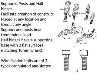 Supports, Posts and Half
hinges
Facilitate creation of construct
Placed at any location and
fixed at any angle
Support and posts bear
tremendous load
Half hinges have a supporting
base with 2 flat surfaces
matching 10mm wrench
Wire fixation bolts are of 2
types cannulated and slotted
 