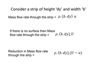 Consider a strip of height ‘dy’ and width ‘b’
Mass flow rate through the strip =
If there is no surface then Mass
flow rate through the strip =
Reduction in Mass flow rate
through the strip =
 