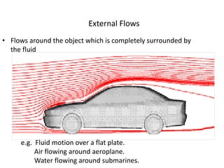 External Flows
• Flows around the object which is completely surrounded by
the fluid
e.g. Fluid motion over a flat plate.
Air flowing around aeroplane.
Water flowing around submarines.
 