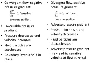 • Convergent flow-negative
pressure gradient
• Favourable pressure
gradient
• Pressure decreases and
velocity increases
• Fluid particles are
accelerated
• Boundary layer is held in
place
• Divergent flow-positive
pressure gradient
• Adverse pressure gradient
• Pressure increases and
velocity decreases
• Fluid particles are
deaccelerated
• Adverse pressure gradient
may lead to negative
velocity or flow reversal
gradientpressure
favorable,0


x
P
0, adverse
pressure gradient
P
x



 