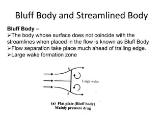 Bluff Body and Streamlined Body
Bluff Body –
The body whose surface does not coincide with the
streamlines when placed in the flow is known as Bluff Body
Flow separation take place much ahead of trailing edge.
Large wake formation zone
 