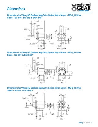 Dimensions
Dimensions for Viking SG Sealless Mag Drive Series Motor Mount - MD-A_B Drive
Sizes - SG-804, SG-805 & SGN-805




Dimensions for Viking SG Sealless Mag Drive Series Motor Mount - MD-A_B Drive
Sizes - SG-807 & SGN-807




Dimensions for Viking SG Sealless Mag Drive Series Motor Mount - MD-B_B Drive
Sizes - SG-807 & SGN-807




                                                                          Viking SG Series 13
 