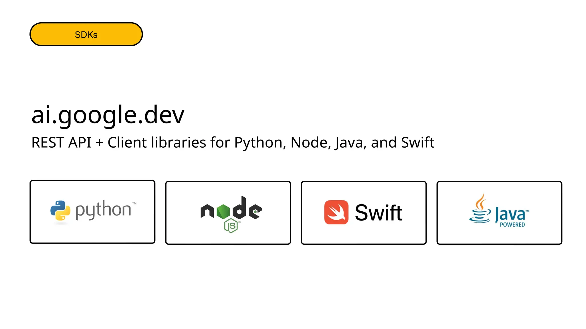 ai.google.dev
REST API + Client libraries for Python, Node, Java, and Swift
Libraries
Libraries
SDKs
 
