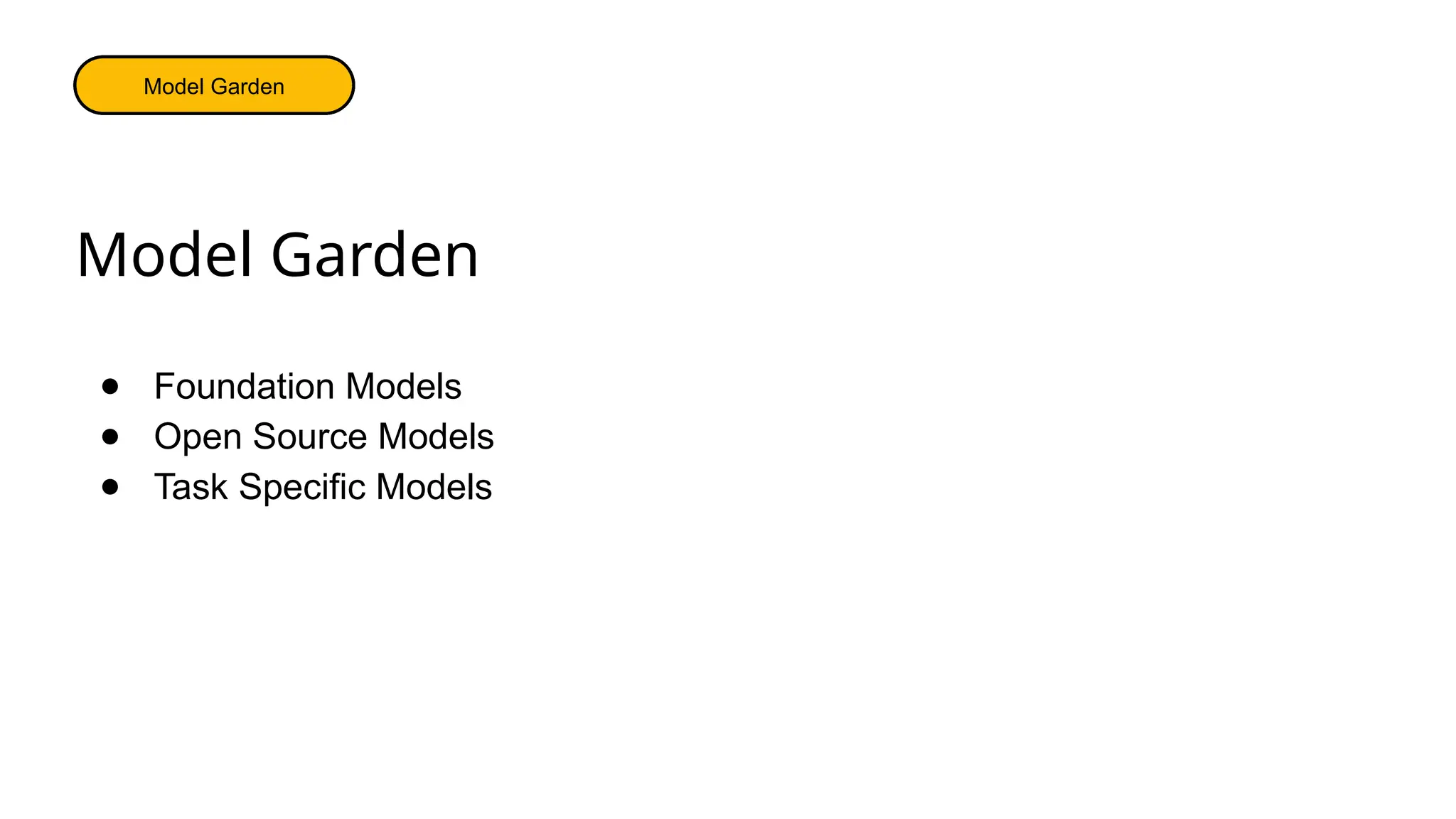 Model Garden
Cloud Production
PlatfoEndpoints
rms
Platforms
Model Garden
● Foundation Models
● Open Source Models
● Task Specific Models
 