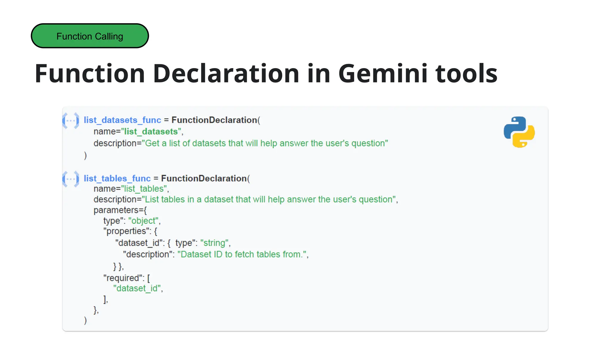 Function Declaration in Gemini tools
Function Calling
 