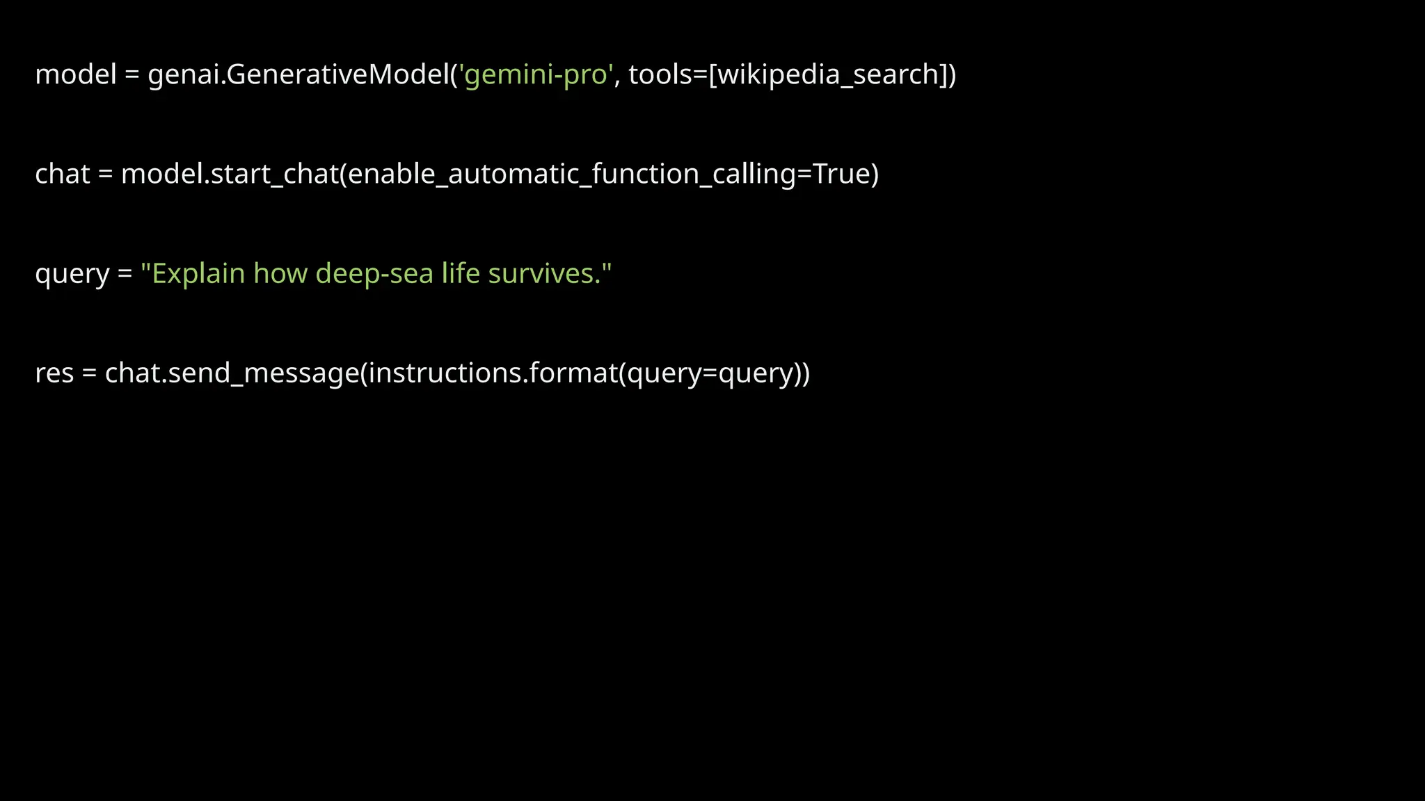 model = genai.GenerativeModel('gemini-pro', tools=[wikipedia_search])
chat = model.start_chat(enable_automatic_function_calling=True)
query = "Explain how deep-sea life survives."
res = chat.send_message(instructions.format(query=query))
 