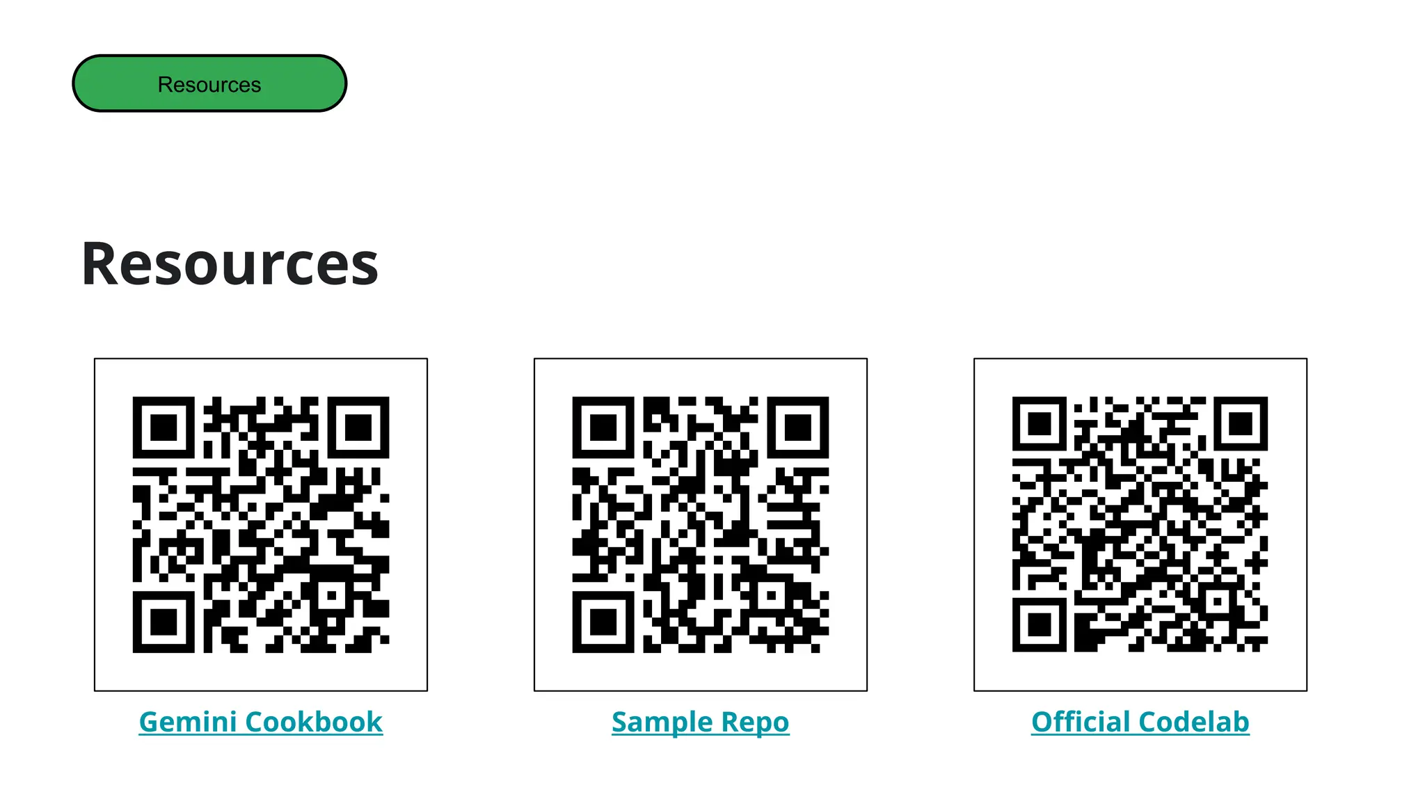 Resources
Resources
Gemini Cookbook Sample Repo Official Codelab
 