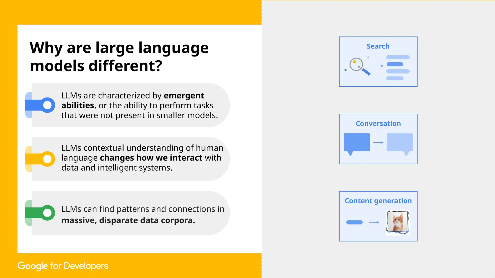 Why are large language
models different?
LLMs are characterized by emergent
abilities, or the ability to perform tasks
that were not present in smaller models.
LLMs contextual understanding of human
language changes how we interact with
data and intelligent systems.
LLMs can find patterns and connections in
massive, disparate data corpora.
Search
Conversation
Content generation
 