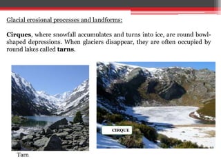 CIRQUE
Tarn
Glacial erosional processes and landforms:
Cirques, where snowfall accumulates and turns into ice, are round bowl-
shaped depressions. When glaciers disappear, they are often occupied by
round lakes called tarns.
 
