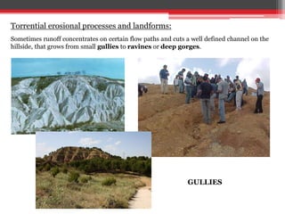 Sometimes runoff concentrates on certain flow paths and cuts a well defined channel on the
hillside, that grows from small gullies to ravines or deep gorges.
Torrential erosional processes and landforms:
GULLIES
 