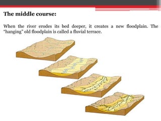 The middle course:
When the river erodes its bed deeper, it creates a new floodplain. The
“hanging” old floodplain is called a fluvial terrace.
 