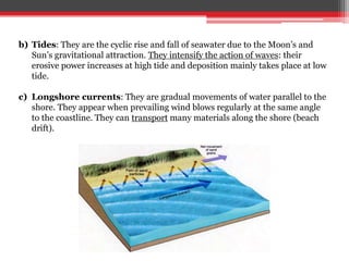 b) Tides: They are the cyclic rise and fall of seawater due to the Moon’s and
Sun’s gravitational attraction. They intensify the action of waves: their
erosive power increases at high tide and deposition mainly takes place at low
tide.
c) Longshore currents: They are gradual movements of water parallel to the
shore. They appear when prevailing wind blows regularly at the same angle
to the coastline. They can transport many materials along the shore (beach
drift).
 
