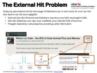 The External Hit Problem
Today my presentation hit the front page of Slideshare.net. A cool event, for sure, but the
love back to my site was negligible.
John McElhenney @jmacofearth 5-14-13 / cc share and use with attribution / http://uber.la
• External sites like Pinterest and Slideshare may drive very little meaningful traffic
• Sites like Slideshare can raise your credibility your selected field of business
• Thought leadership is developed by providing useful information
 
