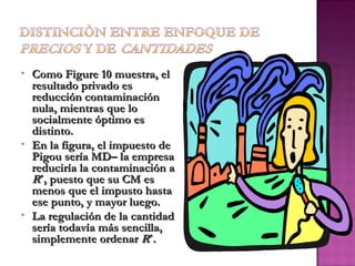 •   Como Figure 10 muestra, el
    resultado privado es
    reducción contaminación
    nula, mientras que lo
    socialmente óptimo es
    distinto.
•   En la figura, el impuesto de
    Pigou sería MD– la empresa
    reduciría la contaminación a
    R*, puesto que su CM es
    menos que el impusto hasta
    ese punto, y mayor luego.
•   La regulación de la cantidad
    sería todavía más sencilla,
    simplemente ordenar R*.
 
