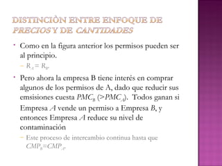 •   Como en la figura anterior los permisos pueden ser
    al principio.
    –   RA = RB.
•   Pero ahora la empresa B tiene interés en comprar
    algunos de los permisos de A, dado que reducir sus
    emsisiones cuesta PMCB (>PMCA). Todos ganan si
    Empresa A vende un permiso a Empresa B, y
    entonces Empresa A reduce su nivel de
    contaminación
    –   Este proceso de intercambio continua hasta que
        CMPB=CMPA.
 