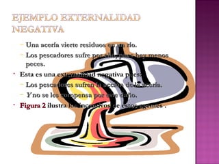 – Una acería vierte residuos en un río.
    – Los pescadores sufre por ello, pues hay menos
      peces.
•   Esta es una externalidad negativa pues:
    – Los pescadores sufren la acción de la acería.
    – Y no se les compensa por este daño.
•   Figura 2 ilustra los incentivos de estos agentes .
 