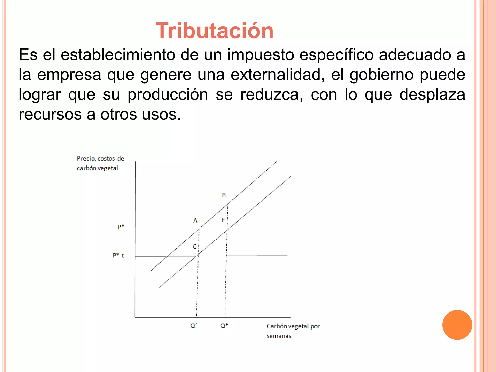 Tributación
Es el establecimiento de un impuesto específico adecuado a
la empresa que genere una externalidad, el gobierno puede
lograr que su producción se reduzca, con lo que desplaza
recursos a otros usos.
 
