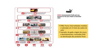  EP&L Puma: Externalidades medidas
e valoradas em 4 níveis da cadeia da
valor
 Exemplo: do gado, origem do couro,
e desmatamento, a emissões GHG
na distribuição dos produtos finais
 
