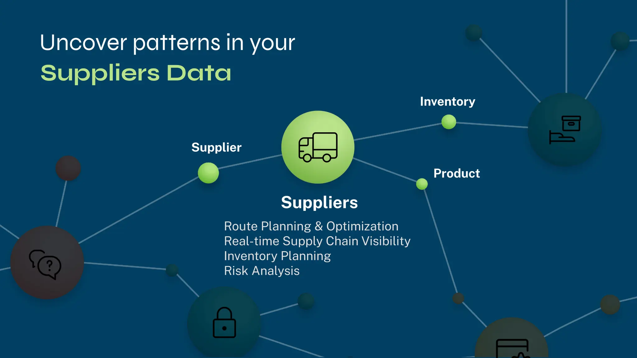 Supplier
Inventory
Product
Uncover patterns in your
Suppliers
Route Planning & Optimization
Real-time Supply Chain Visibility
Inventory Planning
Risk Analysis
Suppliers Data
 