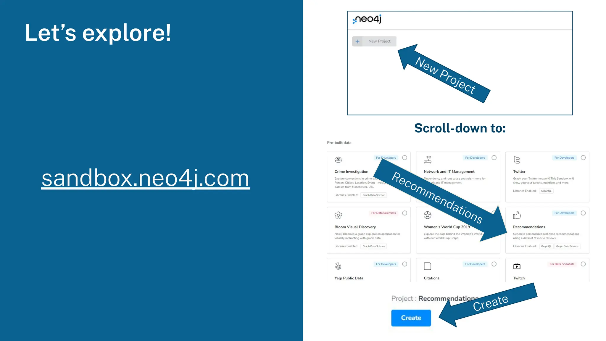 Let’s explore!
sandbox.neo4j.com
Scroll-down to:
New Project
Recommendations
Create
 