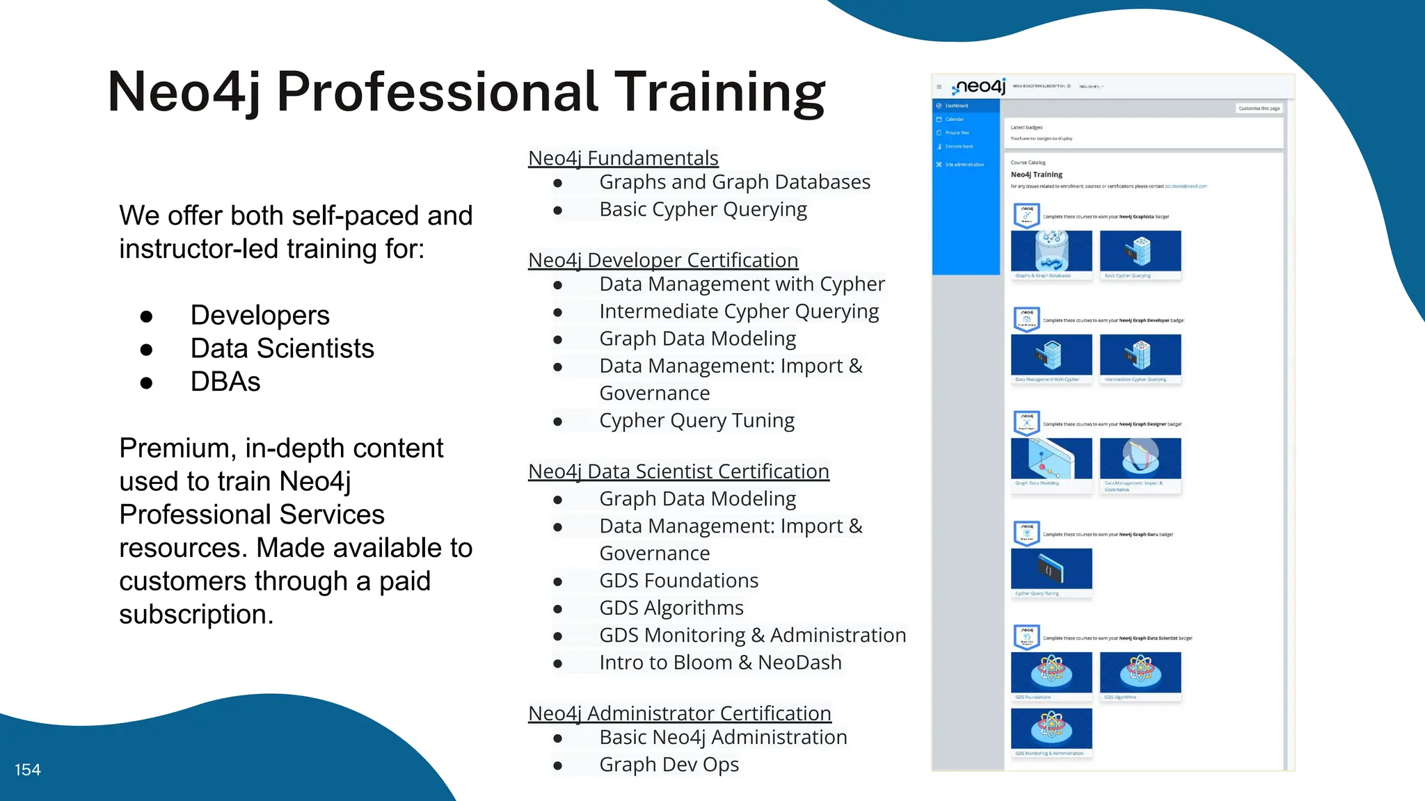 Neo4j Professional Training
Neo4j Fundamentals
● Graphs and Graph Databases
● Basic Cypher Querying
Neo4j Developer Certiﬁcation
● Data Management with Cypher
● Intermediate Cypher Querying
● Graph Data Modeling
● Data Management: Import &
Governance
● Cypher Query Tuning
Neo4j Data Scientist Certiﬁcation
● Graph Data Modeling
● Data Management: Import &
Governance
● GDS Foundations
● GDS Algorithms
● GDS Monitoring & Administration
● Intro to Bloom & NeoDash
Neo4j Administrator Certiﬁcation
● Basic Neo4j Administration
● Graph Dev Ops
We offer both self-paced and
instructor-led training for:
● Developers
● Data Scientists
● DBAs
Premium, in-depth content
used to train Neo4j
Professional Services
resources. Made available to
customers through a paid
subscription.
154
 