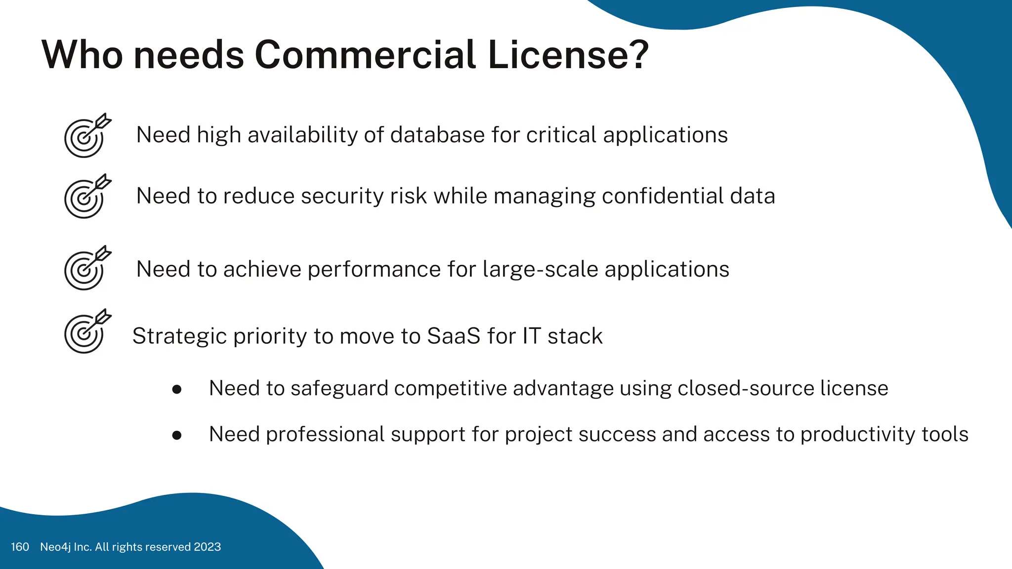 Who needs Commercial License?
160
Need to reduce security risk while managing conﬁdential data
Need high availability of database for critical applications
Need to achieve performance for large-scale applications
Strategic priority to move to SaaS for IT stack
● Need to safeguard competitive advantage using closed-source license
● Need professional support for project success and access to productivity tools
Neo4j Inc. All rights reserved 2023
 