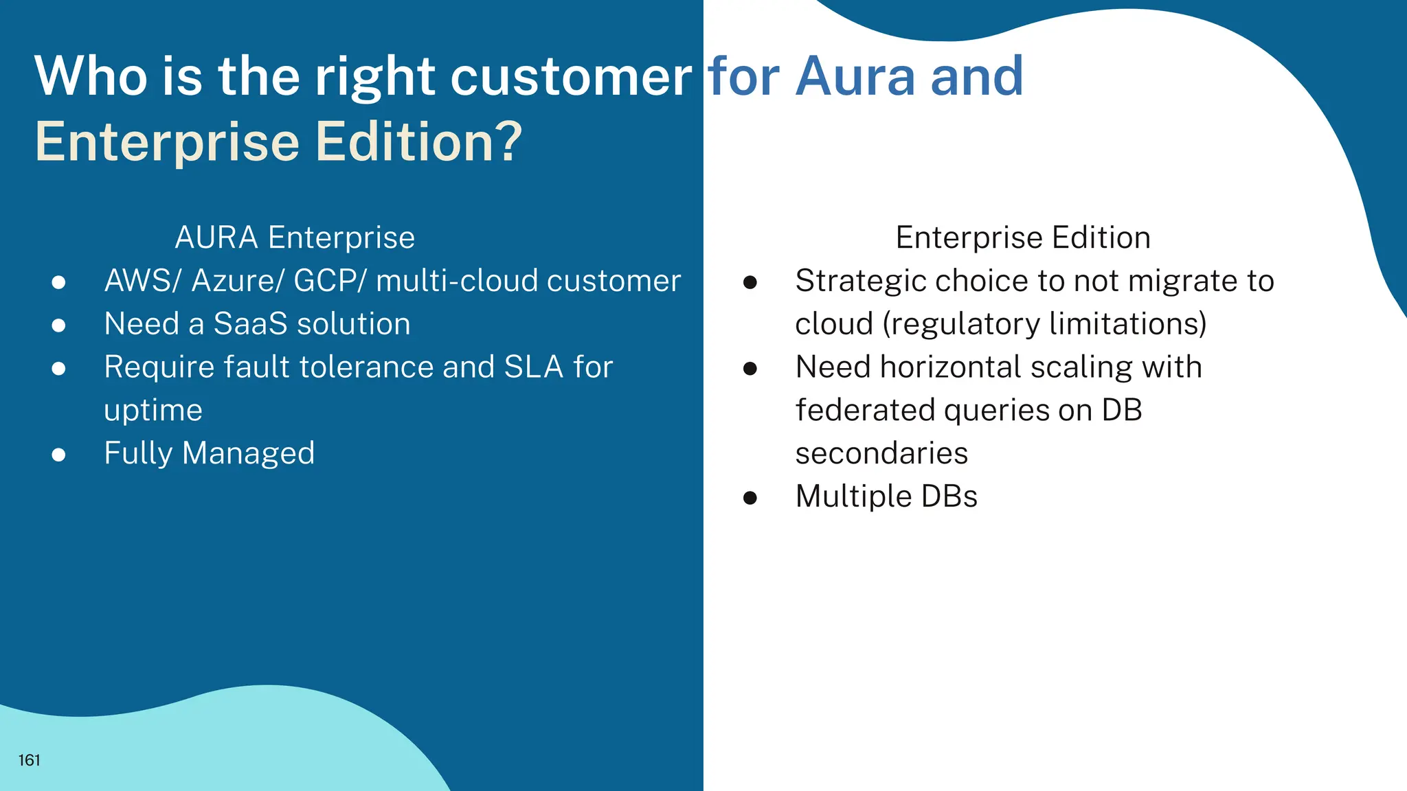 Who is the right customer for Aura and
Enterprise Edition?
AURA Enterprise
● AWS/ Azure/ GCP/ multi-cloud customer
● Need a SaaS solution
● Require fault tolerance and SLA for
uptime
● Fully Managed
161
Enterprise Edition
● Strategic choice to not migrate to
cloud (regulatory limitations)
● Need horizontal scaling with
federated queries on DB
secondaries
● Multiple DBs
 
