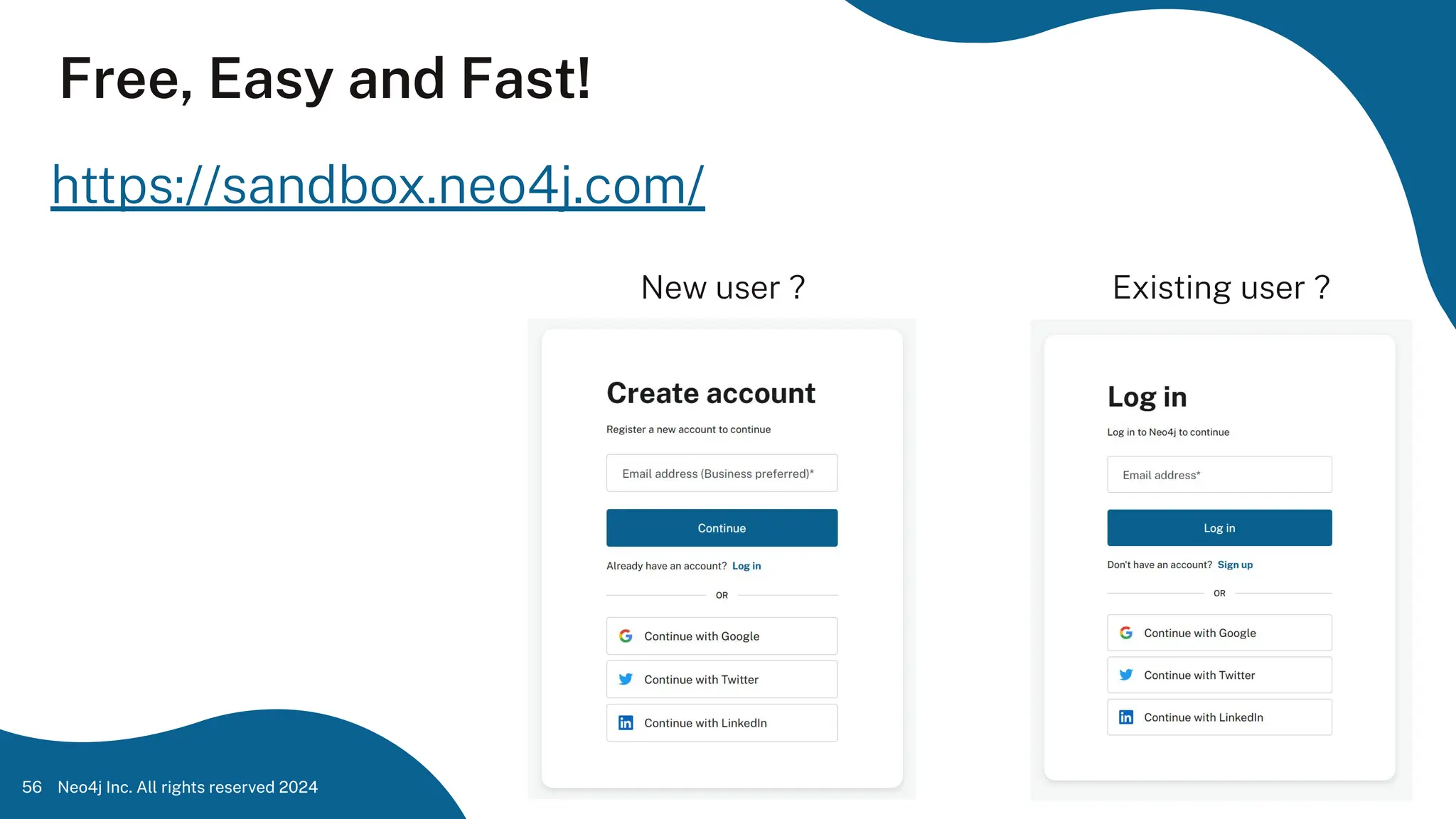 Neo4j Inc. All rights reserved 2024
56
https://sandbox.neo4j.com/
Free, Easy and Fast!
New user ? Existing user ?
 