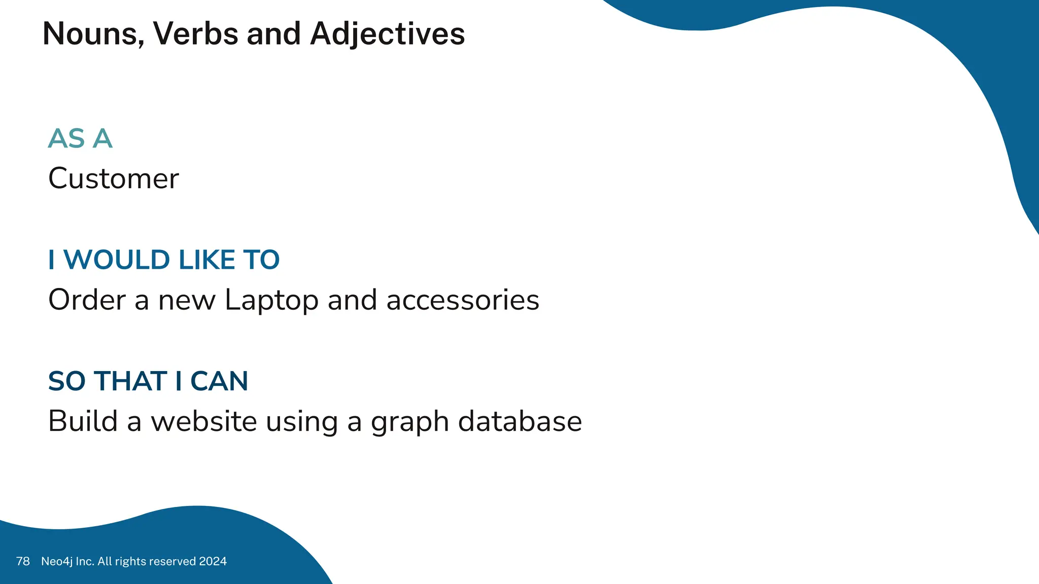 Nouns, Verbs and Adjectives
Neo4j Inc. All rights reserved 2024
78
AS A
Customer
I WOULD LIKE TO
Order a new Laptop and accessories
SO THAT I CAN
Build a website using a graph database
 