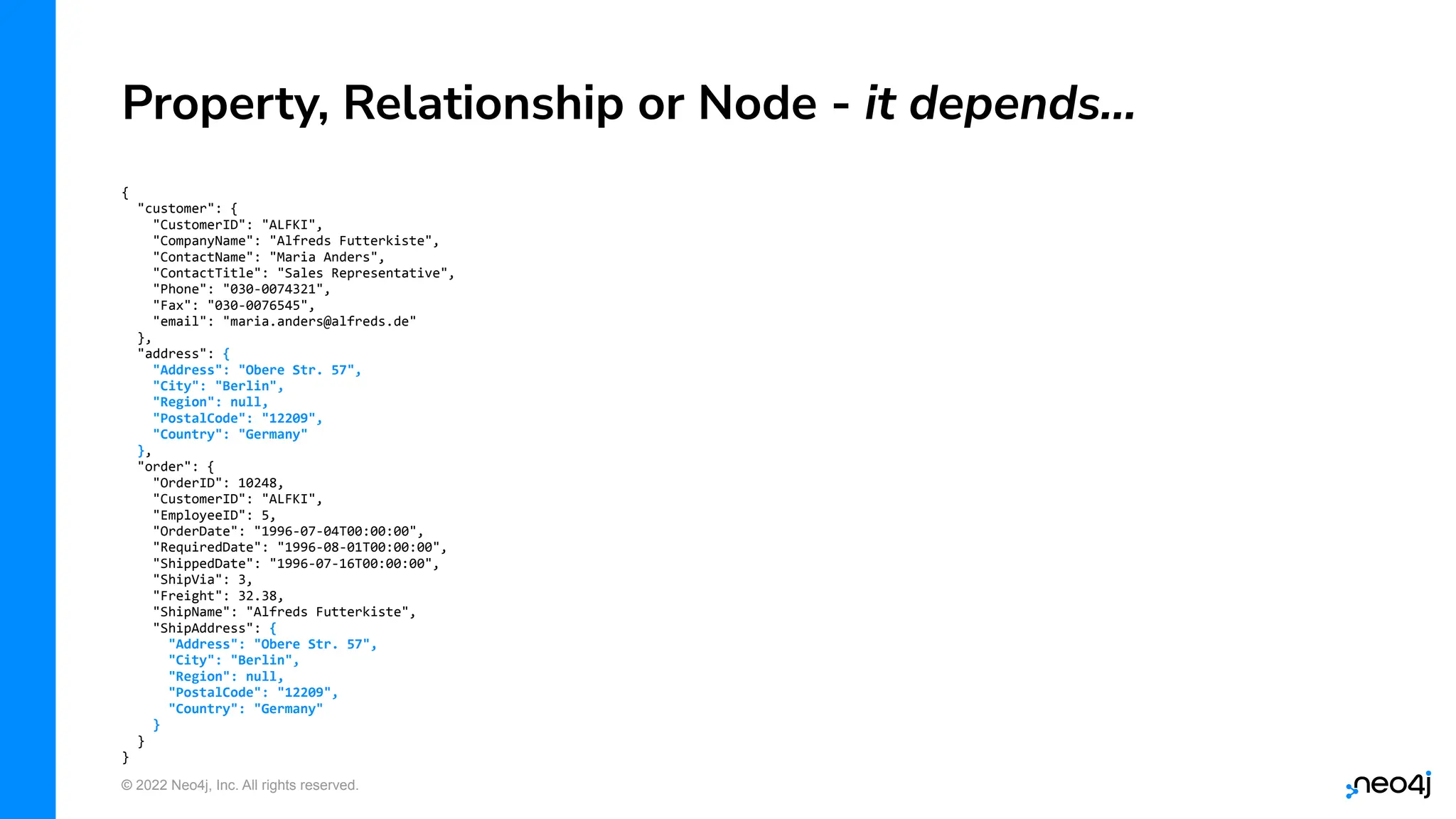 © 2022 Neo4j, Inc. All rights reserved.
Property, Relationship or Node - it depends…
{
"customer": {
"CustomerID": "ALFKI",
"CompanyName": "Alfreds Futterkiste",
"ContactName": "Maria Anders",
"ContactTitle": "Sales Representative",
"Phone": "030-0074321",
"Fax": "030-0076545",
"email": "maria.anders@alfreds.de"
},
"address": {
"Address": "Obere Str. 57",
"City": "Berlin",
"Region": null,
"PostalCode": "12209",
"Country": "Germany"
},
"order": {
"OrderID": 10248,
"CustomerID": "ALFKI",
"EmployeeID": 5,
"OrderDate": "1996-07-04T00:00:00",
"RequiredDate": "1996-08-01T00:00:00",
"ShippedDate": "1996-07-16T00:00:00",
"ShipVia": 3,
"Freight": 32.38,
"ShipName": "Alfreds Futterkiste",
"ShipAddress": {
"Address": "Obere Str. 57",
"City": "Berlin",
"Region": null,
"PostalCode": "12209",
"Country": "Germany"
}
}
}
 