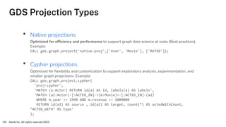 GDS Projection Types
Neo4j Inc. All rights reserved 2023
120
• Native projections
Optimized for efﬁciency and performance to support graph data science at scale (Best practices).
Example:
CALL gds.graph.project('native-proj',['User', 'Movie'], ['RATED']);
• Cypher projections
Optimized for ﬂexibility and customization to support exploratory analysis, experimentation, and
smaller graph projections. Example:
CALL gds.graph.project.cypher(
'proj-cypher',
'MATCH (a:Actor) RETURN id(a) AS id, labels(a) AS labels',
'MATCH (a1:Actor)-[:ACTED_IN]->(m:Movie)<-[:ACTED_IN]-(a2)
WHERE m.year >= 1990 AND m.revenue >= 1000000
RETURN id(a1) AS source , id(a2) AS target, count(*) AS actedWithCount,
"ACTED_WITH" AS type'
);
 