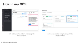 How to use GDS
Neo4j Inc. All rights reserved 2023
121
GDS is delivered as a library and a plugin to
Neo4j Desktop,
…or you can practice using it easily with the
Neo4j Sandbox.
 