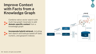 126 Neo4j Inc. All rights reserved 2023
Improve Context
with Facts from a
Knowledge Graph
Combine native vector search with
multi-hop graph traversals to add
domain-speciﬁc context from a
knowledge graph
Incorporate hybrid retrieval, including
text search and lookups based off date,
numeric, and geopoint indexes
 