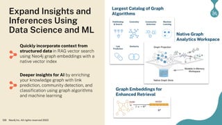 Expand Insights and
Inferences Using
Data Science and ML
Neo4j Inc. All rights reserved 2023
128
Quickly incorporate context from
structured data in RAG vector search
using Neo4j graph embeddings with a
native vector index
Deeper insights for AI by enriching
your knowledge graph with link
prediction, community detection, and
classiﬁcation using graph algorithms
and machine learning
Largest Catalog of Graph
Algorithms
Native Graph
Analytics Workspace
Graph Embeddings for
Enhanced Retrieval
 