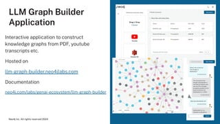 Interactive application to construct
knowledge graphs from PDF, youtube
transcripts etc.
Hosted on
llm-graph-builder.neo4jlabs.com
Documentation
neo4j.com/labs/genai-ecosystem/llm-graph-builder
LLM Graph Builder
Application
Neo4j Inc. All rights reserved 2024
 
