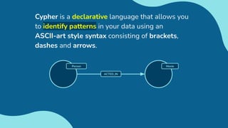 Cypher is a declarative language that allows you
to identify patterns in your data using an
ASCII-art style syntax consisting of brackets,
dashes and arrows.
Movie
ACTED_IN
Person
 