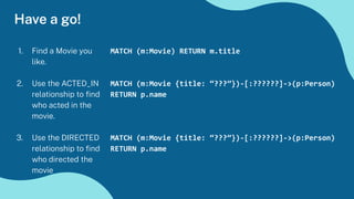 Have a go!
1. Find a Movie you
like.
2. Use the ACTED_IN
relationship to ﬁnd
who acted in the
movie.
3. Use the DIRECTED
relationship to ﬁnd
who directed the
movie
MATCH (m:Movie) RETURN m.title
MATCH (m:Movie {title: “???”})-[:??????]->(p:Person)
RETURN p.name
MATCH (m:Movie {title: “???”})-[:??????]->(p:Person)
RETURN p.name
 