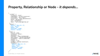© 2022 Neo4j, Inc. All rights reserved.
Property, Relationship or Node - it depends…
{
"customer": {
"CustomerID": "ALFKI",
"CompanyName": "Alfreds Futterkiste",
"ContactName": "Maria Anders",
"ContactTitle": "Sales Representative",
"Phone": "030-0074321",
"Fax": "030-0076545",
"email": "maria.anders@alfreds.de"
},
"address": {
"Address": "Obere Str. 57",
"City": "Berlin",
"Region": null,
"PostalCode": "12209",
"Country": "Germany"
},
"order": {
"OrderID": 10248,
"CustomerID": "ALFKI",
"EmployeeID": 5,
"OrderDate": "1996-07-04T00:00:00",
"RequiredDate": "1996-08-01T00:00:00",
"ShippedDate": "1996-07-16T00:00:00",
"ShipVia": 3,
"Freight": 32.38,
"ShipName": "Alfreds Futterkiste",
"ShipAddress": {
"Address": "Obere Str. 57",
"City": "Berlin",
"Region": null,
"PostalCode": "12209",
"Country": "Germany"
}
}
}
 