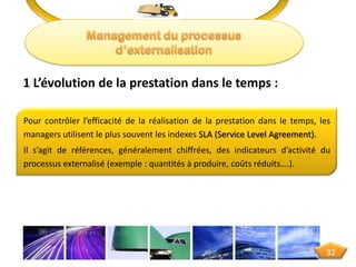 1 L’évolution de la prestation dans le temps :
Pour contrôler l’efficacité de la réalisation de la prestation dans le temps, les
managers utilisent le plus souvent les indexes SLA (Service Level Agreement).
Il s’agit de références, généralement chiffrées, des indicateurs d’activité du
processus externalisé (exemple : quantités à produire, coûts réduits….).
32
 