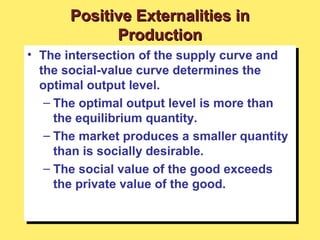 • The intersection of the supply curve and
the social-value curve determines the
optimal output level.
– The optimal output level is more than
the equilibrium quantity.
– The market produces a smaller quantity
than is socially desirable.
– The social value of the good exceeds
the private value of the good.
• The intersection of the supply curve and
the social-value curve determines the
optimal output level.
– The optimal output level is more than
the equilibrium quantity.
– The market produces a smaller quantity
than is socially desirable.
– The social value of the good exceeds
the private value of the good.
Positive Externalities inPositive Externalities in
ProductionProduction
 