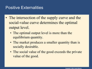 Positive ExternalitiesThe intersection of the supply curve and the social-value curve determines the optimal output level.The optimal output level is more than the equilibrium quantity.The market produces asmaller quantity than is socially desirable. The social value of the good exceeds the private value of the good.